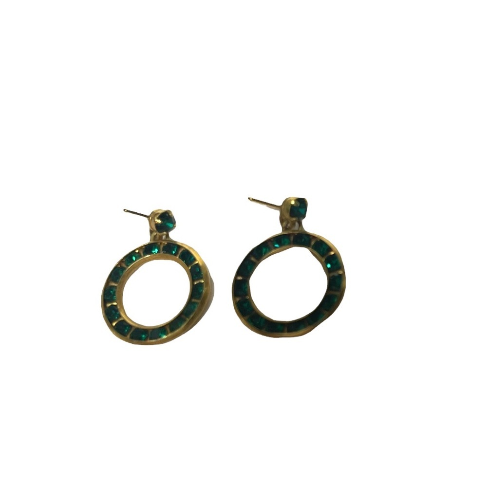 Vintage Faux Emerald Drop Hoop Gold Tone Earrings - Picture 6 of 9